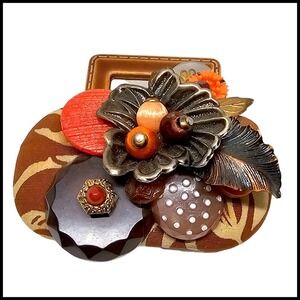 Vintage Handmade Artisan Brooch Pin Fall‎ Mixed Materials Leaves Flower Brown